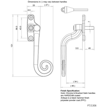 Load image into Gallery viewer, Left Handed Monkey Tail Window Handle size diagram