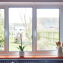 Load image into Gallery viewer, White Locking Aluminium Window Handle shown on White Aluminium Windows

